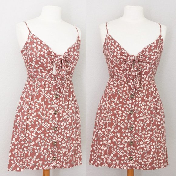 Mimi Chica Mauve Cream Floral Bow Tie Front Cutout Button Front Mini Dress M - Picture 2 of 9